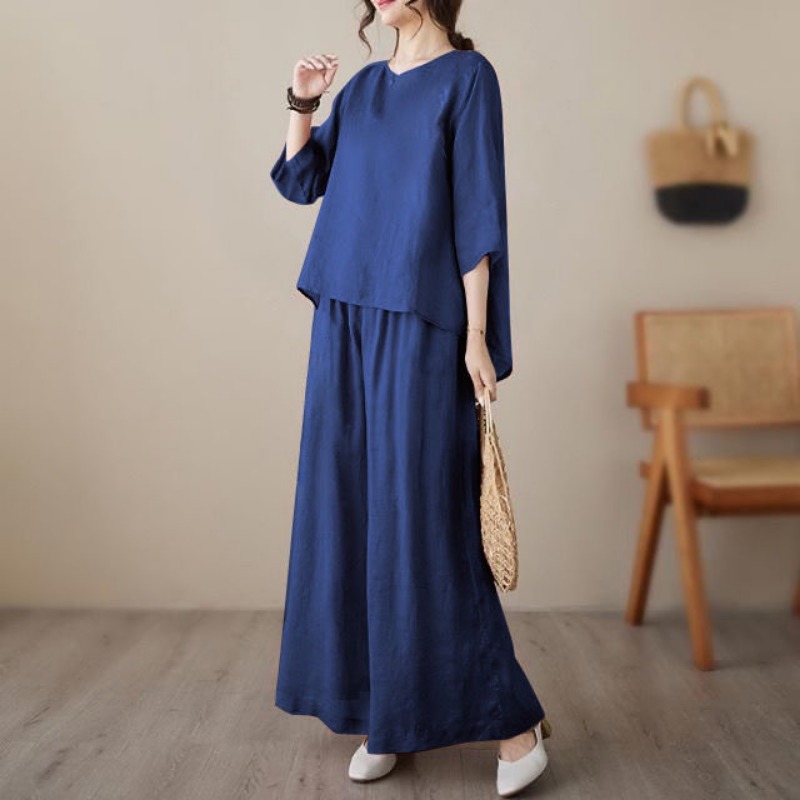 Linen Pant Wide - Women's Linen 2-Piece Set Loose Casual