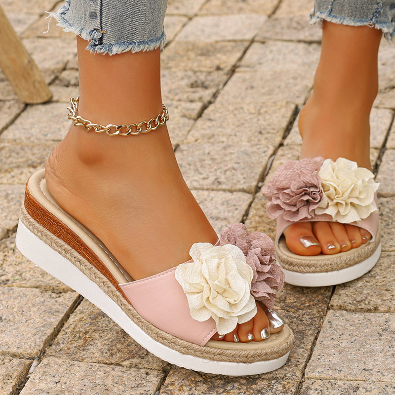 Women's Pink Flower Decor Plat - Wedge Espadrille Women recension och pris