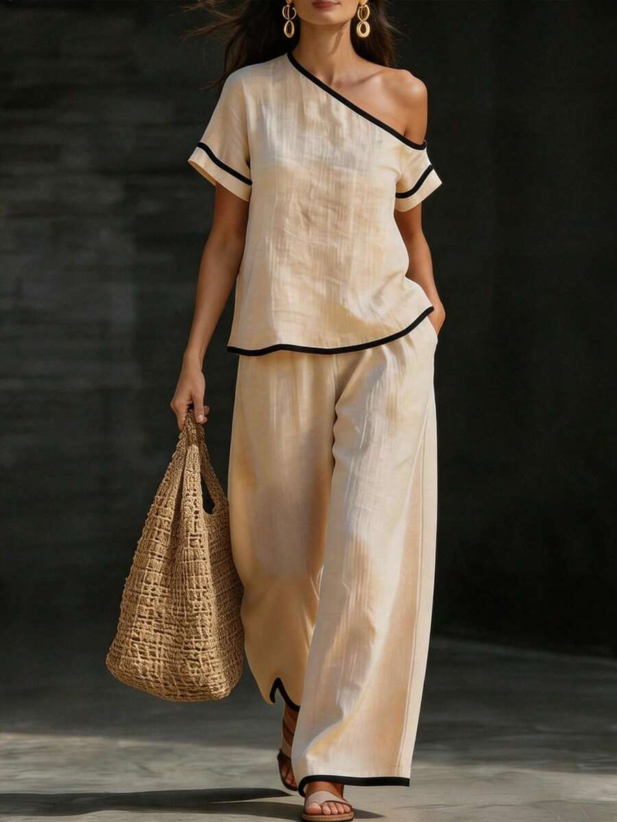 Womens Beige Asymmetric Top An - Linen Pant Wide recension och pris