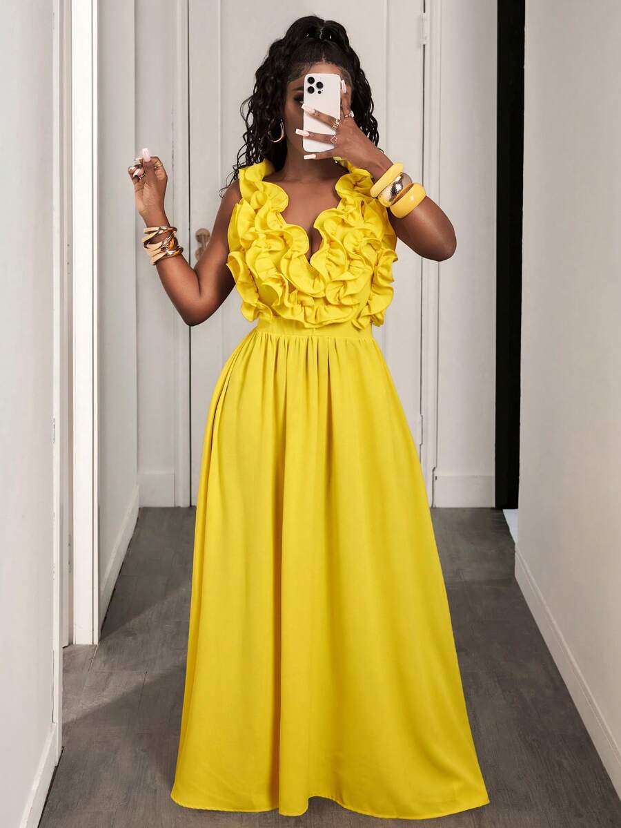 Yellow Deep V-Neck Ruffle Halt - Maxi Dress Halter recension och pris