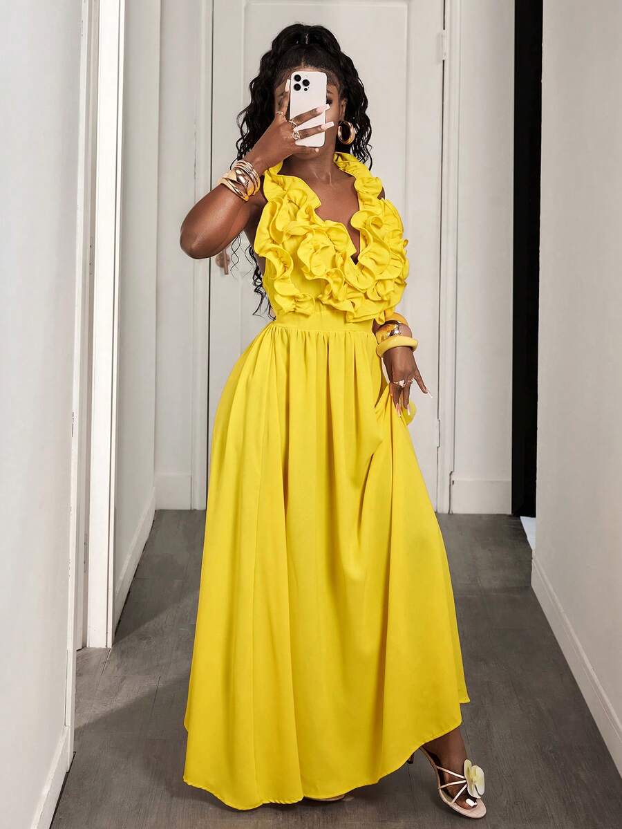 Yellow Deep V-Neck Ruffle Halt - Maxi Dress Halter recension och pris