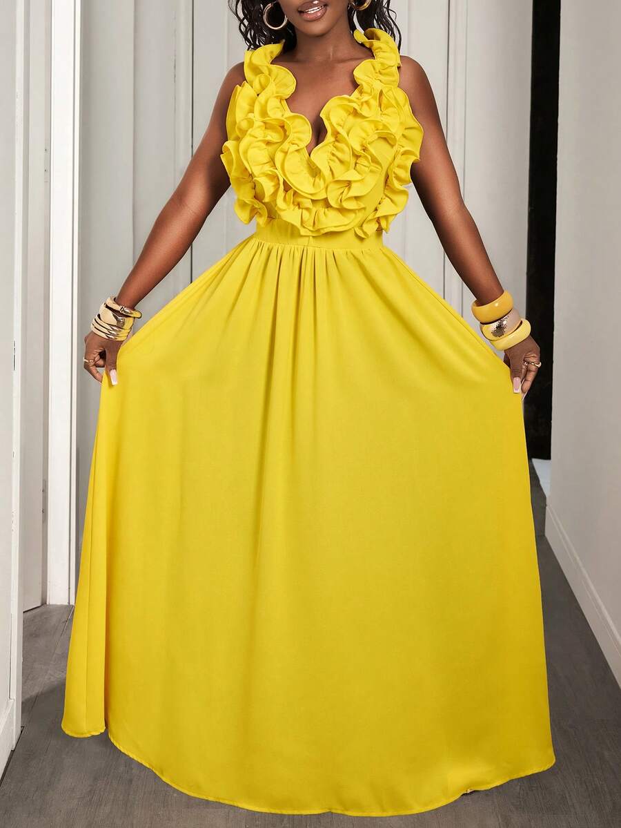 Yellow Deep V-Neck Ruffle Halt - Maxi Dress Halter recension och pris