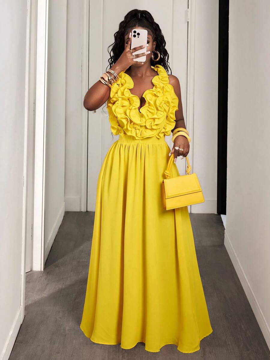 Yellow Deep V-Neck Ruffle Halt - Maxi Dress Halter recension och pris