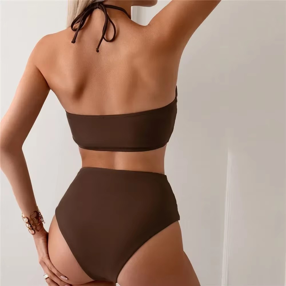 Dark Brown Solid Swimwears Hal - Swimsuit Bikini Ruched recension och pris