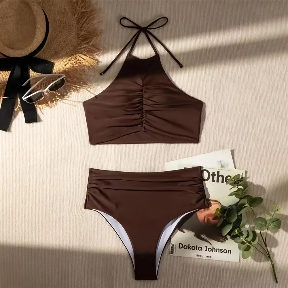 Dark Brown Solid Swimwears Hal - Swimsuit Bikini Ruched recension och pris