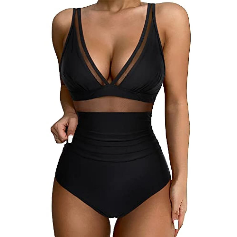 Women Deep V Mesh Cutout One P - Swimsuit Bikini Ruched recension och pris