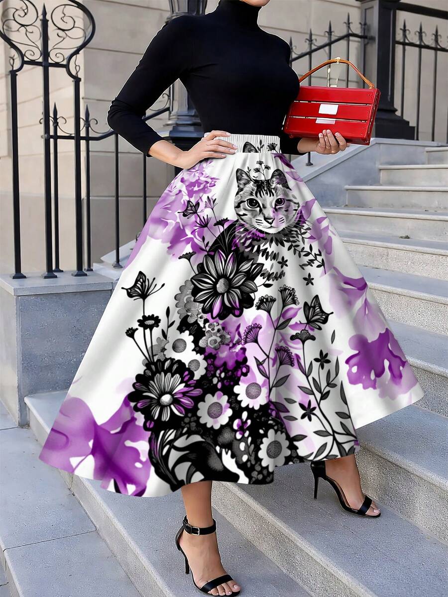 Oversized Floral Cat Print Mid - Midi Skirt Floral recension och pris
