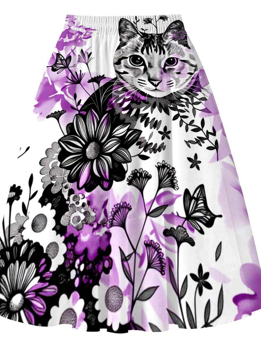 Oversized Floral Cat Print Mid - Midi Skirt Floral recension och pris
