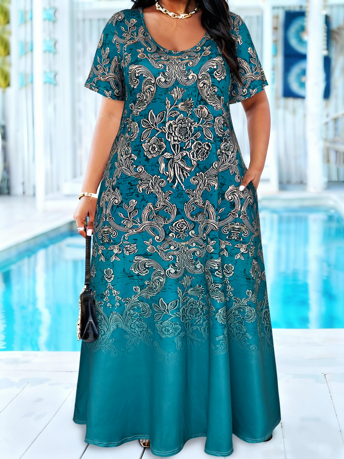 Plus Size Teal Baroque Floral  - Romper Floral Print recension och pris