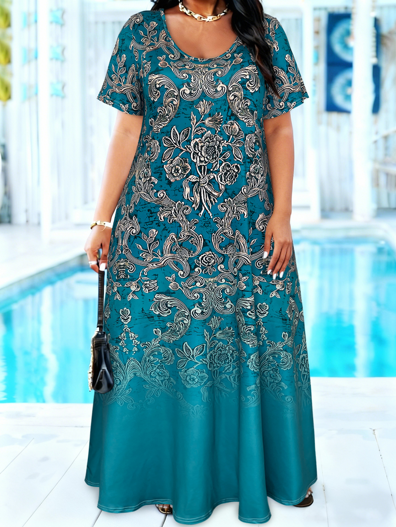 Plus Size Teal Baroque Floral  - Romper Floral Print recension och pris