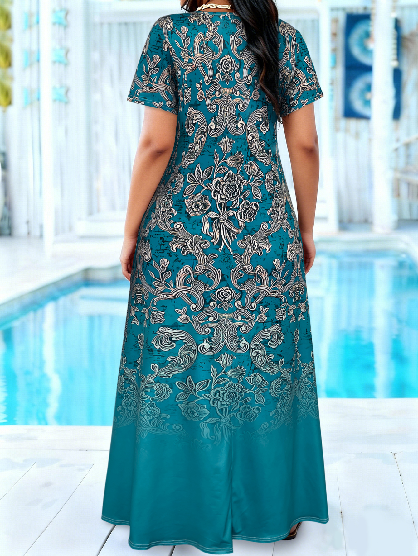 Plus Size Teal Baroque Floral  - Romper Floral Print recension och pris