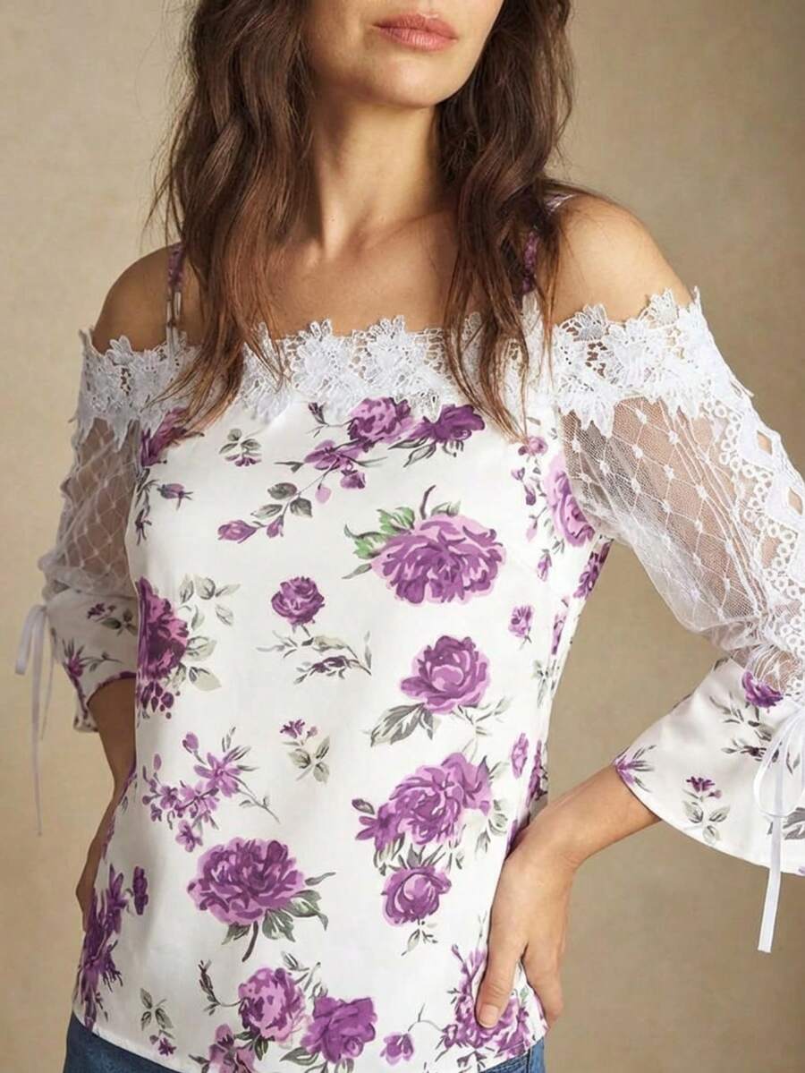 Purple Floral Print Off Should - Blouse Off Shoulder recension och pris