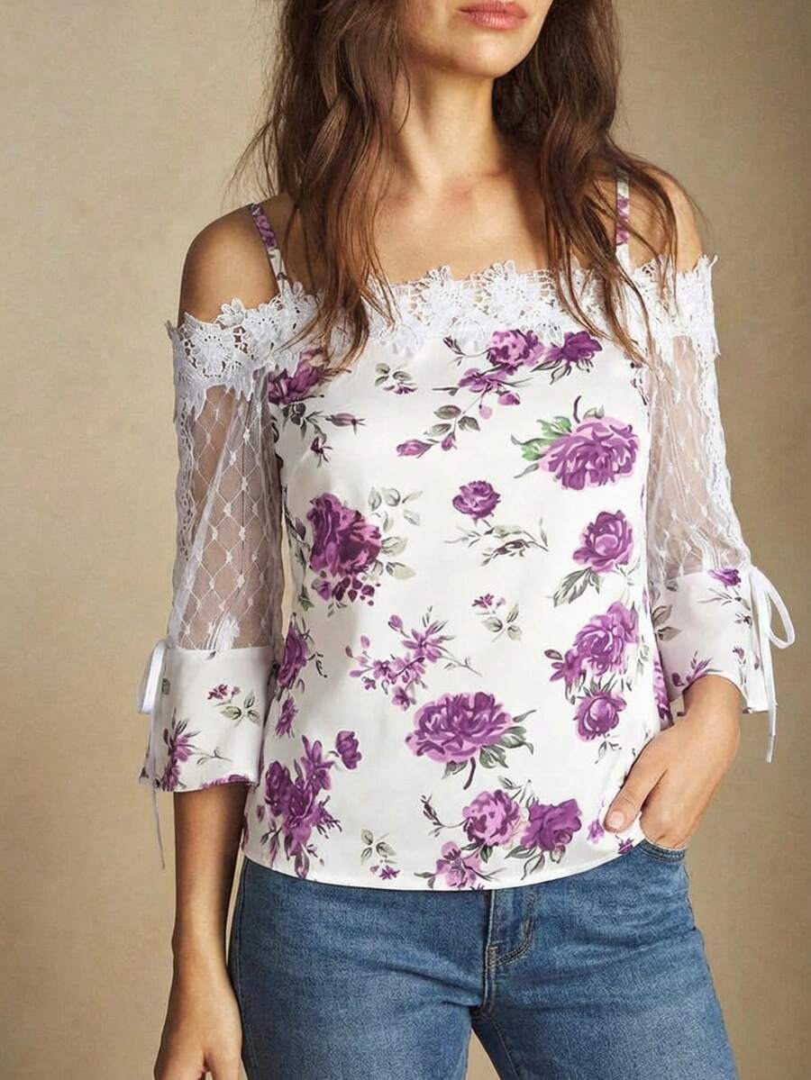 Purple Floral Print Off Should - Blouse Off Shoulder recension och pris