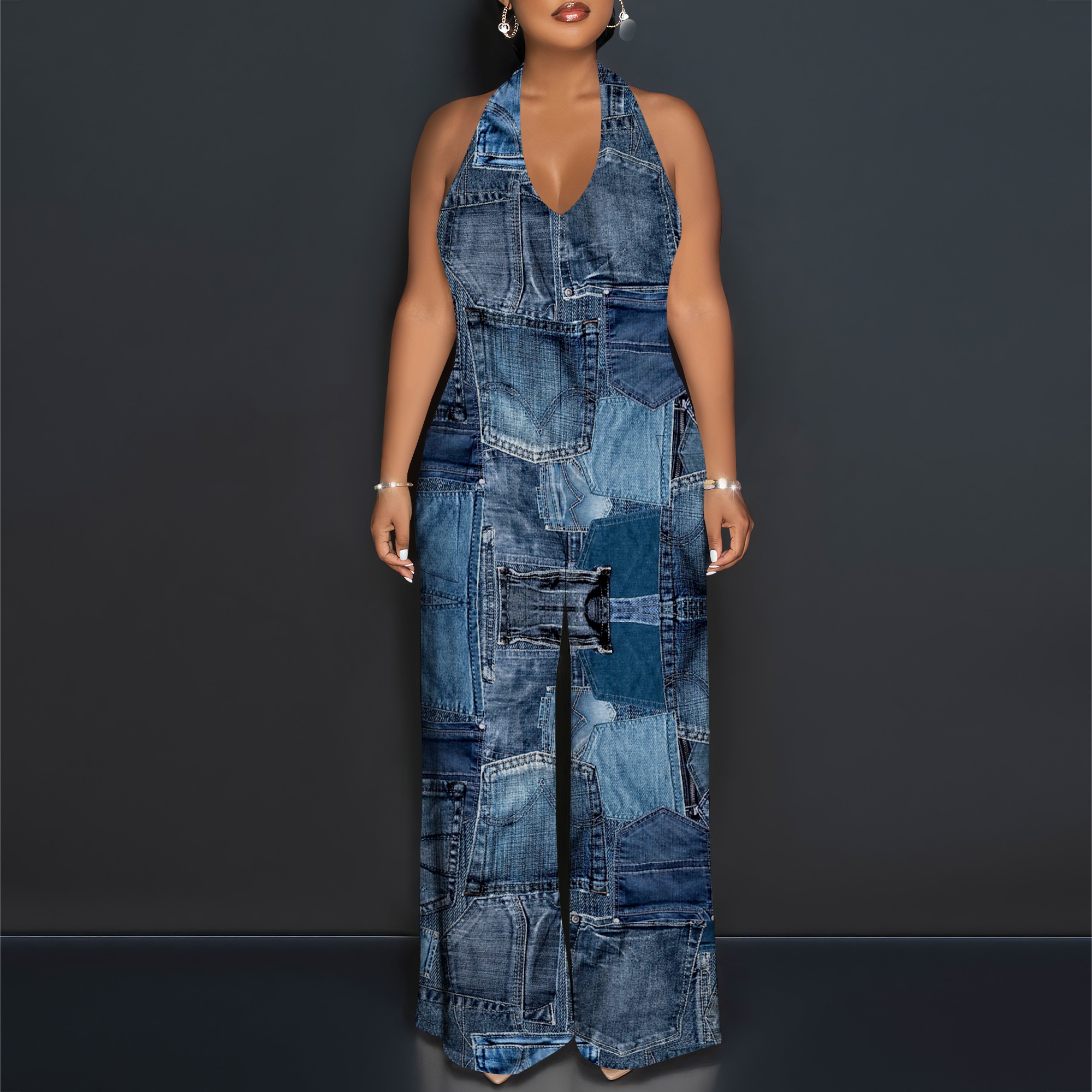Denim Patchwork Halter V-Neck  - Maxi Dress Halter recension och pris