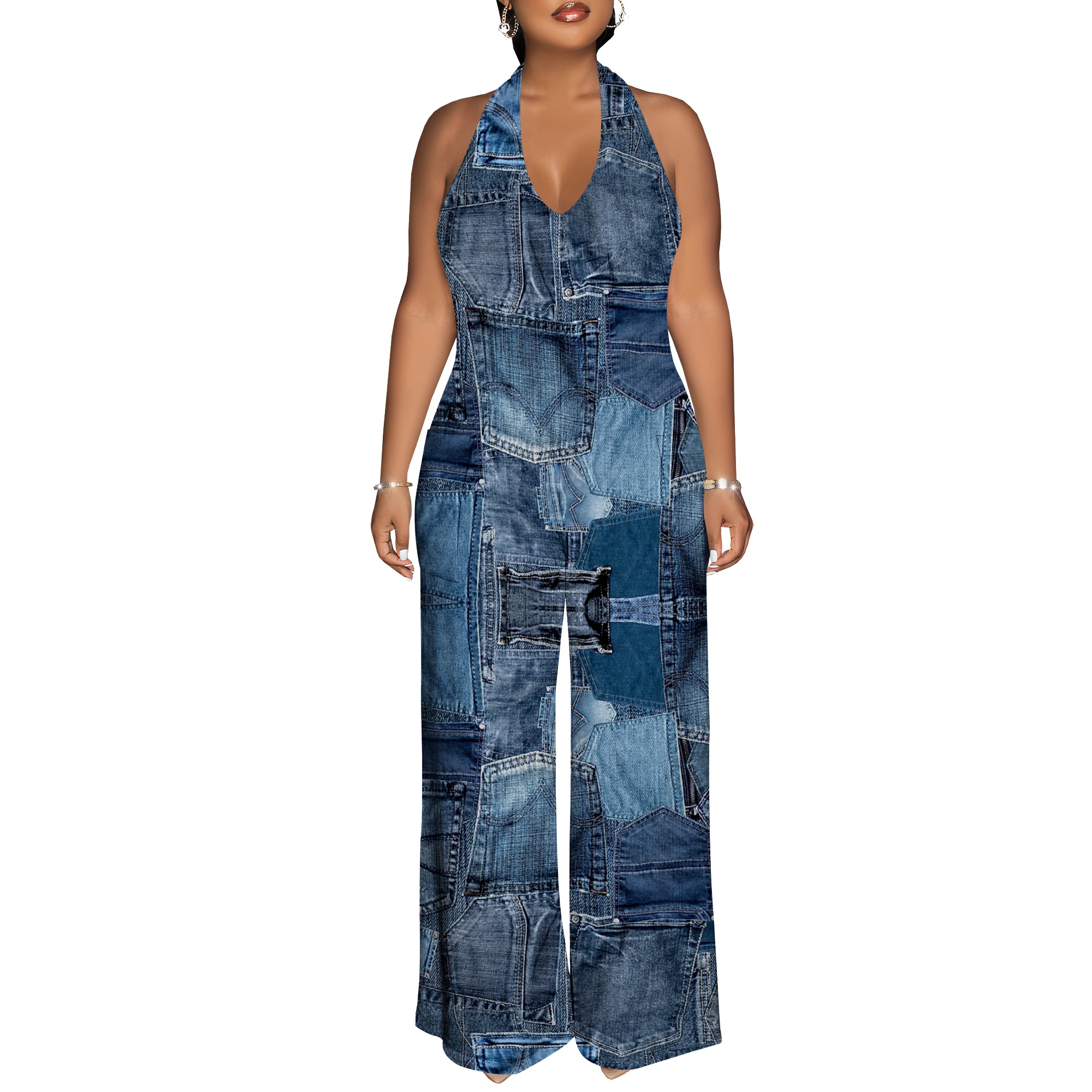 Denim Patchwork Halter V-Neck  - Maxi Dress Halter recension och pris
