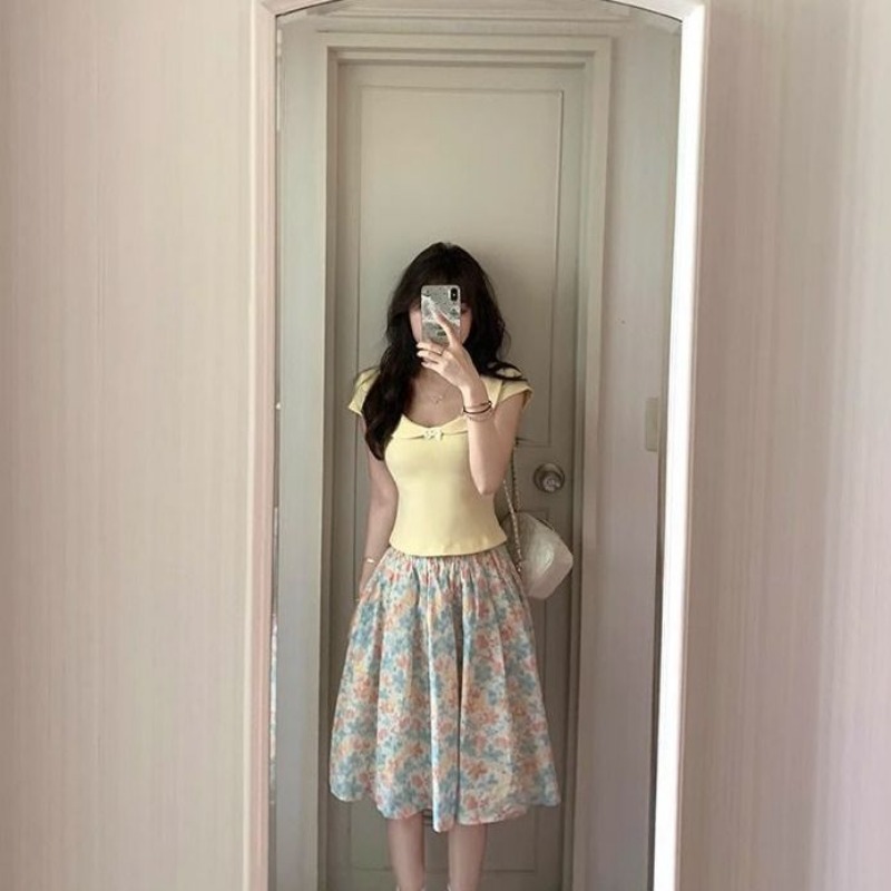 Women 2 Piece Set Bow Top And  - Midi Skirt Floral recension och pris