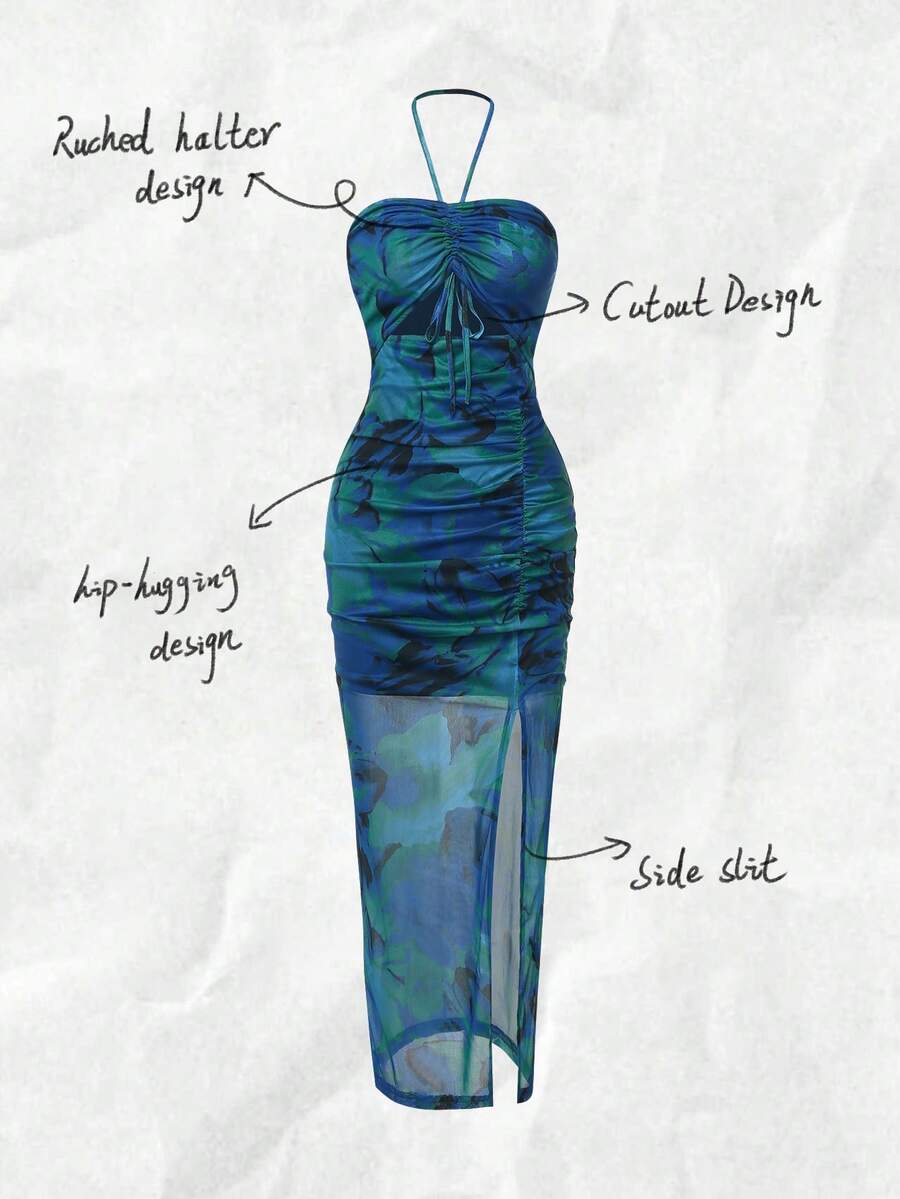 Halter Neck Pleated Mesh Print - Maxi Dress Halter recension och pris